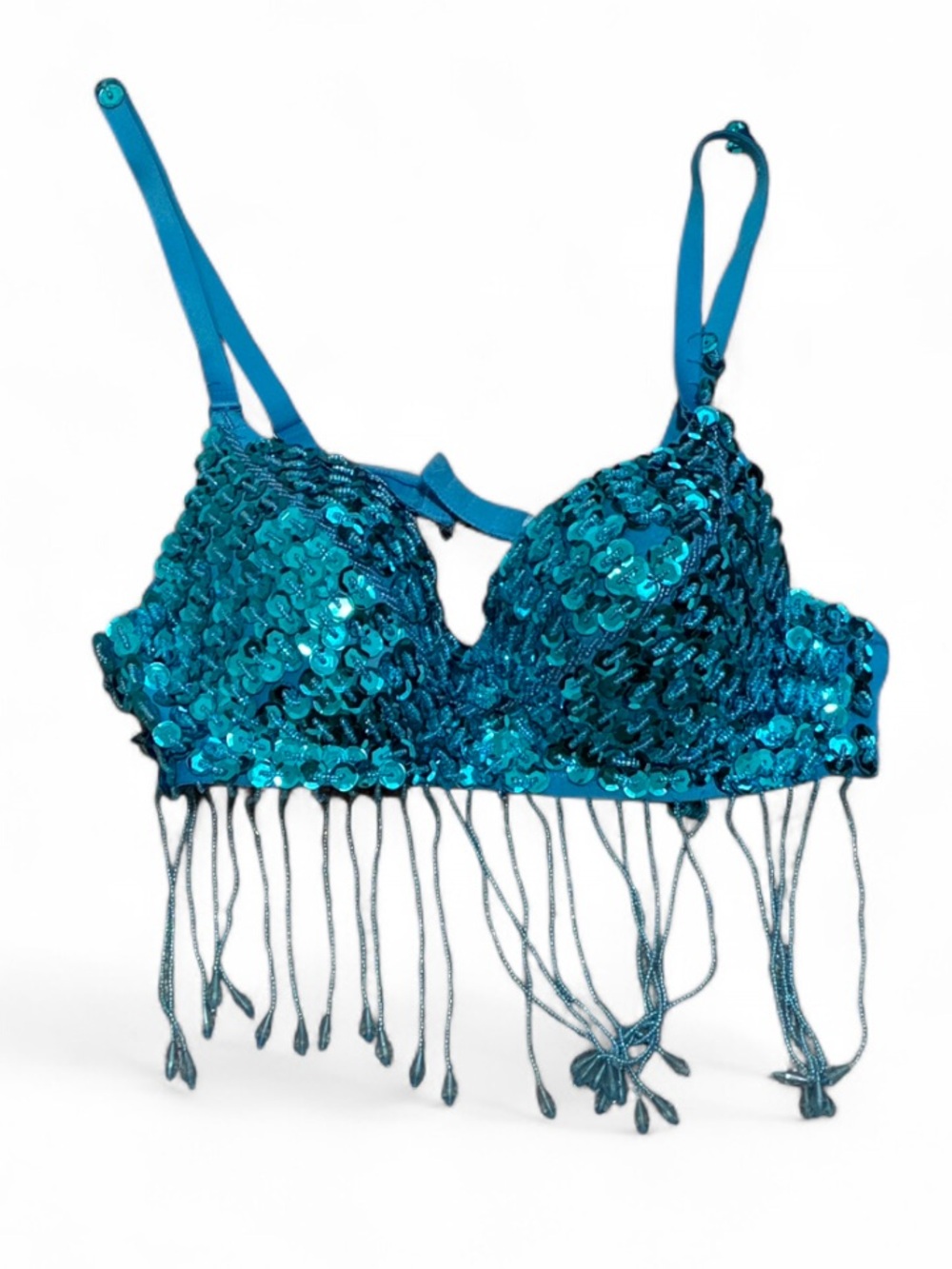 Boho Teal Blue Sequin Bead Fringe Underwire Bra